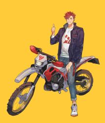 Rule 34 | 1boy, bbbb fex, black jacket, denim, hand on own thigh, highres, iori haruma, jacket, jeans, kamen rider, logo, male focus, motor vehicle, motorcycle, pants, red hair, ride kamens, shirt, shoes, simple background, sneakers, thumbs up, white shirt, yellow background