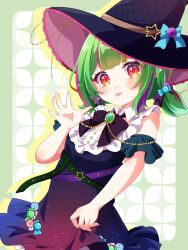 Rule 34 | 1girl, @ @, black bow, black bowtie, black dress, black hat, blue bow, bow, bowtie, candy, collar, commission, dress, flat chest, food, frills, green brooch, green hair, hat, hat bow, hexa (vtuber), highres, indie virtual youtuber, multicolored hair, pink hair, purple hair, red eyes, second-party source, skeb commission, skirt hold, solo, star o-ring, streaked hair, tongue, tongue out, two side up, virtual youtuber, white collar, witch hat, wrapped candy, yui mirano