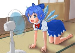 Rule 34 | 1girl, all fours, bare legs, barefoot, blue bow, blue dress, blue eyes, blue hair, bow, bowtie, cirno, commentary request, day, dress, electric fan, facing away, hair between eyes, hair bow, indoors, lic (licloud28), open door, open mouth, pinafore dress, pointy ears, puffy short sleeves, puffy sleeves, red bow, red bowtie, shirt, shirt under dress, short sleeves, sleeveless dress, sliding doors, solo, tatami, touhou, veranda, white shirt, wings