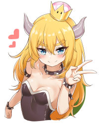Rule 34 | 1girl, absurdres, aged down, alternate breast size, armlet, bare shoulders, blonde hair, blue eyes, bowsette, bracelet, breasts, cleavage, collar, collarbone, cropped torso, crown, from side, hair between eyes, hair down, half-closed eyes, heart, highres, horns, jewelry, long hair, looking at viewer, mario (series), new super mario bros. u deluxe, nintendo, parted bangs, shell, sideboob, simple background, single horn, sleeveless, small breasts, smile, solo, spiked armlet, spiked bracelet, spiked collar, spikes, spoken heart, strapless, sunhyun, super crown, thick eyebrows, upper body, v, v-shaped eyebrows, very long hair, white background