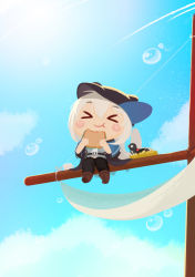 Rule 34 | &gt; &lt;, 1girl, arknights, bird, black hat, black pants, boots, brown footwear, chibi, chinese commentary, closed mouth, commentary, day, eating, eyes visible through hair, food, grey shirt, hair between eyes, hat, highres, holding, holding food, lieyan huangzi, long hair, looking at viewer, mast, midriff, nest, outdoors, pants, red eyes, sail, sandwich, shirt, silver hair, sitting, skadi (arknights), sky, smile, solo, v-shaped eyebrows