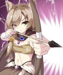 Rule 34 | 1girl, alternate costume, animal ear fluff, animal ears, arrow (projectile), bandaged arm, bandages, belt, black belt, bow (weapon), brown cloak, brown skirt, cloak, closed mouth, commentary request, emphasis lines, eyes visible through hair, fang, fingernails, foreshortening, gem, green eyes, hair between eyes, hair ornament, hands up, highres, holding, holding bow (weapon), holding weapon, jewelry, long hair, looking at viewer, mikuni sairi, navel, necklace, panties, purple background, purple gemstone, ring, serious, sesen2000, simple background, skirt, solo, star (symbol), star hair ornament, stomach, tail, tenshi souzou re-boot!, underwear, upper body, upturned eyes, weapon, white fur, white panties, wolf ears, wolf girl, wolf tail