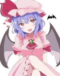 Rule 34 | 1girl, :d, ascot, bat (animal), bat wings, bright pupils, crossed legs, hat, hat ribbon, heart, highres, looking at viewer, mob cap, open mouth, pink hat, purple hair, red ascot, red eyes, red ribbon, remilia scarlet, ribbon, ribbon-trimmed skirt, ribbon trim, short hair, short sleeves, simple background, sitting, smile, solo, theon (te2eo), touhou, white background, white pupils, wings