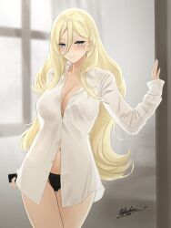 Rule 34 | 1girl, against door, alternate costume, black panties, blonde hair, blue eyes, breasts, cleavage, condom, dated, dress shirt, hair between eyes, highres, holding, holding condom, kantai collection, large breasts, long sleeves, looking at viewer, midriff peek, mole, mole under eye, navel, odachu, panties, richelieu (kancolle), shirt, signature, solo, underwear, white shirt