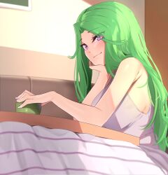 Rule 34 | 1girl, absurdres, adomiwan, bare shoulders, blush, breasts, closed mouth, cup, green hair, grey tank top, head rest, highres, holding, holding cup, indoors, kotatsu, large breasts, long hair, looking at viewer, midori (adomiwan), original, parted bangs, purple eyes, smile, solo, table, tank top