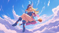 Rule 34 | 1girl, ass, bare shoulders, blonde hair, blue sky, blush, breasts, cameltoe, cleavage, cloud, cloudy sky, dark magician girl, duel monster, floating, full body, green eyes, hat, highres, holding, holding staff, itzah, long hair, mage staff, medium breasts, panties, pixel art, sky, smile, solo, staff, thighs, thong, underwear, upskirt, wand, yu-gi-oh!