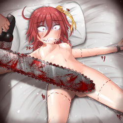 Rule 34 | 1girl, bed, blood, bloody weapon, blush, body writing, bound, bound arms, chainsaw, character request, clenched teeth, crying, crying with eyes open, drooling, hair ornament, hair ribbon, highres, imminent death, long hair, matching hair/eyes, murder, ongeki, red eyes, red hair, restrained, ribbon, tears, teeth, torture, weapon, yellow ribbon