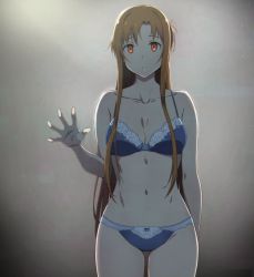 Rule 34 | 1girl, asuna (sao), breasts, brown hair, cleavage, collarbone, female focus, hand up, large breasts, lingerie, long hair, looking at another, looking at viewer, navel, open mouth, puge, red eyes, solo, sword art online, underwear, window, worried