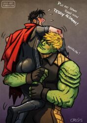 Rule 34 | 2boys, ass, bad id, bad tumblr id, bara, black bodysuit, black hair, blonde hair, blush, body freckles, bodysuit, cape, carrying, carrying person, colored skin, couple, cris art, embarrassed, english text, freckles, green skin, headband, hulkling, large pectorals, male focus, marvel, multiple boys, muscular, muscular male, pectorals, red cape, scales, short hair, size difference, smile, wiccan, yaoi