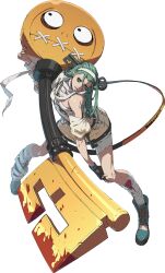 Rule 34 | 1girl, a.b.a, absurdres, bandages, blood, blood on clothes, blue footwear, boots, female focus, full body, green eyes, green hair, guilty gear, guilty gear strive, headband, highres, holding, holding weapon, key, matching hair/eyes, non-web source, official art, pale skin, paracelsus (guilty gear), skirt, solo, weapon
