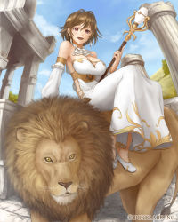 Rule 34 | 1girl, :d, architecture, bad id, bad pixiv id, blush, breasts, brown hair, choker, cleavage, column, cybele, detached sleeves, dress, earrings, hair ornament, jewelry, large breasts, lion, open mouth, original, pillar, red eyes, riding, short hair, smile, solo, ss39, staff, temple
