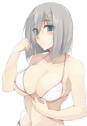 Rule 34 | 1girl, alternate costume, bare shoulders, bikini, blue eyes, blush, breasts, cleavage, collarbone, eyes visible through hair, hair ornament, hair over one eye, hairclip, hamakaze (kancolle), highres, kantai collection, large breasts, navel, short hair, silver hair, simple background, solo, swimsuit, upper body, white background, white bikini, zekkyon