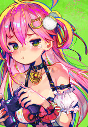 Rule 34 | 1girl, :t, ahoge, arm garter, bell, black collar, blush, cat hair ornament, closed mouth, collar, collarbone, commentary request, controller, game controller, green background, green eyes, hair between eyes, hair ornament, hair ribbon, highres, holding, holding controller, holding game controller, hololive, jingle bell, long hair, looking at viewer, neck bell, onono imoko, pink hair, pom pom (clothes), pom pom hair ornament, pout, red ribbon, ribbon, sakura miko, sakura miko (work), solo, tears, two side up, virtual youtuber, wrist cuffs