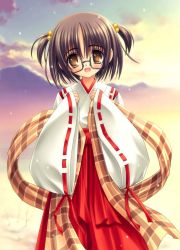 Rule 34 | 1girl, :d, blush, cloud, female focus, flat chest, glasses, grey hair, hair bobbles, hair ornament, hakama, hakama skirt, japanese clothes, kimono, looking at viewer, miko, mountain, norita, open mouth, outdoors, oversized clothes, parted bangs, plaid, ribbon, scarf, short hair, short twintails, skirt, sky, smile, solo, standing, sun, sunset, twintails, wide sleeves, yellow eyes