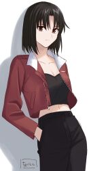 Rule 34 | 1girl, alternate costume, black hair, black pants, black shirt, breasts, brown eyes, closed mouth, commentary request, expressionless, hand in pocket, highres, jacket, kara no kyoukai, long sleeves, looking at viewer, medium breasts, midriff, navel, open clothes, open jacket, pants, parted bangs, pocket, red jacket, ryougi shiki, shadow, shintyoi2, shirt, short hair, simple background, solo, white background