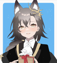 Rule 34 | 1girl, animal ear fluff, animal ears, arknights, black jacket, black nails, blue background, box, brown eyes, collared shirt, dr.lamina, gift, gift box, grey background, grey hair, hair between eyes, hands up, highres, holding, holding gift, jacket, looking at viewer, nail polish, parted lips, penance (arknights), shirt, smile, solo, two-tone background, upper body, white shirt