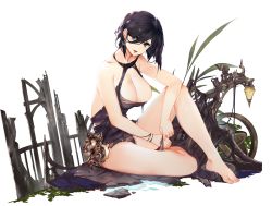 Rule 34 | 1girl, :d, anchor earrings, ark royal (azur lane), ark royal (guardian of the ball) (azur lane), azur lane, barefoot, black dress, black hair, black panties, blue eyes, blush, breasts, cleavage, damaged, dress, earrings, hair over one eye, halter dress, halterneck, highres, jewelry, large breasts, looking at viewer, open mouth, panties, short hair, sitting, sleeveless, sleeveless dress, smile, solo, thighs, torn clothes, underwear, windforcelan