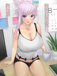 Rule 34 | 1girl, arm support, asymmetrical hair, black shorts, blue eyes, blush, book, breasts, calendar (object), cleavage, collarbone, commentary, cowboy shot, cup, desk, fate/grand order, fate (series), hair between eyes, half updo, highres, holding, holding cup, indoors, karakari, keyboard (computer), large breasts, light purple hair, looking at viewer, medium hair, micro shorts, midriff, miyamoto musashi (fate), monitor, on desk, open mouth, plant, ponytail, potted plant, short shorts, shorts, single hair intake, sitting, sleeveless, solo, sticky note, sweat, sweatdrop, swept bangs, tank top, thighs, translated, white tank top