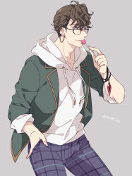 Rule 34 | 1boy, alternate costume, brown hair, candy, earrings, food, glasses, granblue fantasy, green eyes, green jacket, grey background, hooded shirt, jacket, jewelry, lobelia (granblue fantasy), lollipop, male focus, mame lde, open clothes, open jacket, pants, shirt, short hair, simple background, solo, tongue, tongue out, white shirt, wristband