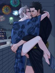 Rule 34 | 2boys, anal, bottomless, final fantasy, final fantasy xv, fireworks, gladiolus amicitia, glasses, ignis scientia, kiss, male penetrated, multiple boys, outdoors, robe, sex, tongue, yaoi