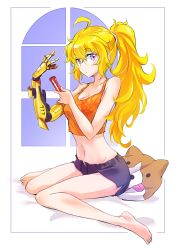 Rule 34 | 1girl, ahoge, blonde hair, breasts, ember celica (rwby), glasses, highres, iesupa, large breasts, long hair, midriff, pillow, ponytail, prosthesis, prosthetic arm, purple eyes, rwby, screwdriver, short shorts, shorts, solo, tank top, wavy hair, yang xiao long