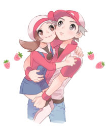 Rule 34 | 1boy, 1girl, alternate color, bad id, bad pixiv id, blue overalls, brown eyes, brown hair, cabbie hat, carrying, closed mouth, commentary request, creatures (company), eyelashes, food, fruit, game freak, hat, highres, jacket, long hair, lyra (pokemon), nintendo, overalls, pokemon, pokemon frlg, pokemon hgss, pumpkinpan, red (pokemon), red shirt, shirt, smile, strawberry, thighhighs, twintails, white background, white headwear, white thighhighs, wristband