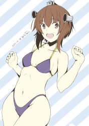 Rule 34 | 1girl, artist name, bikini, breasts, brown eyes, brown hair, commentary request, commission, commissioner upload, dated, dress, headgear, headset, highleg, highleg bikini, highleg swimsuit, highres, kantai collection, navel, open mouth, purple bikini, round teeth, sailor dress, short hair, small breasts, smile, solo, speaking tube headset, striped, striped background, swimsuit, taira yuuki, teeth, upper teeth only, yukikaze (kancolle)
