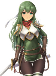 Rule 34 | 1girl, armor, belt, breastplate, brown thighhighs, closed mouth, covered navel, cowboy shot, elbow gloves, fire emblem, fire emblem: mystery of the emblem, gloves, gluteal fold, green eyes, green hair, hand on own hip, headband, highres, holding, holding sword, holding weapon, inanaki shiki, long hair, looking at viewer, nintendo, palla (fire emblem), pantyhose, pegasus knight uniform (fire emblem), scabbard, sheath, shoulder armor, side slit, sidelocks, simple background, smile, solo, sword, thigh gap, thighhighs, unsheathed, weapon, white background