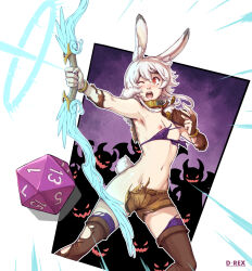 Rule 34 | 1girl, ;o, animal ears, bdsm, bow (weapon), bra, bracelet, breasts, brown capelet, brown footwear, brown gloves, brown shorts, capelet, collar, d-rex, dice, feet out of frame, fingerless gloves, gloves, glowing, glowing eyes, glowing mouth, highres, holding, holding bow (weapon), holding weapon, horns, jewelry, metal collar, monster, navel, nipples, one eye closed, orange eyes, original, outline, purple bra, purple thighhighs, rabbit ears, rabbit girl, rabbit tail, red eyes, short hair, shorts, slave, small breasts, solo focus, tail, thighhighs, torn boots, torn bra, torn capelet, torn clothes, torn gloves, torn shorts, torn thighhighs, underwear, weapon, white outline, wings
