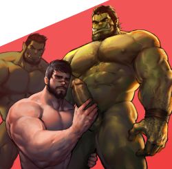 Rule 34 | 3boys, abs, bara, beard, body hair, colored skin, dragon age, dragon age 2, erection, evil grin, evil smile, facial hair, fangs, green skin, grin, handjob, hawke (dragon age 2), highres, interspecies, male focus, monster, multiple boys, muscular, naughty face, nude, ogre, orc, pectorals, penis, penis grab, scar, size difference, smile, tagme, teeth, testicles, uncensored, yaoi, yy6242