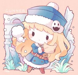 Rule 34 | 1girl, blonde hair, blue coat, blue hat, boots, brown footwear, brown gloves, chibi, coat, etrian odyssey, full body, fur-trimmed coat, fur trim, gloves, grass, gunner (sekaiju), hat, highres, holding, holding map, jack frost (megami tensei), long hair, long sleeves, map, nada namie, pink background, pouch, ruins, sekaiju no meikyuu, sekaiju no meikyuu 2, signature, simple background, solo