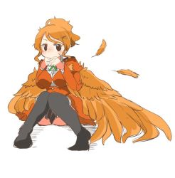 Rule 34 | 10s, 1girl, aquila (kancolle), bird wings, brown eyes, feathers, hair ornament, hairclip, kantai collection, knees together feet apart, orange hair, rebecca (keinelove), sitting, solo, white background, wings