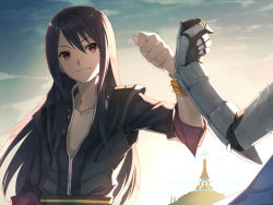 Rule 34 | 1boy, androgynous, arm up, black hair, bracelet, closed mouth, collarbone, flynn scifo, fumio (kanmi), gauntlets, hair between eyes, jewelry, long hair, male focus, open clothes, outdoors, purple eyes, sidelocks, smile, solo, tales of (series), tales of vesperia, upper body, yuri lowell