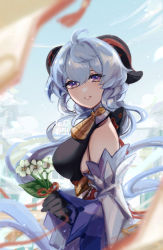 Rule 34 | 1girl, ahoge, bare shoulders, bell, black gloves, blue hair, blush, bow, breasts, detached sleeves, flower, from side, ganyu (genshin impact), genshin impact, gloves, gold trim, highres, holding, holding flower, horns, kuurimuart, long hair, looking at viewer, low ponytail, medium breasts, neck bell, purple eyes, qingxin flower, signature, smile, solo, upper body, white flower, white sleeves