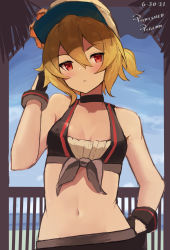 Rule 34 | 1girl, alex (dragalia lost), bare arms, bare shoulders, bikini, black bikini, black choker, black gloves, blonde hair, breasts, choker, closed mouth, day, dragalia lost, expressionless, front-tie bikini top, front-tie top, gloves, hair between eyes, hand on own hip, hand up, hat, highres, looking at viewer, midriff, navel, outdoors, peaked cap, punished pigeon, red eyes, short hair, short ponytail, small breasts, solo, stomach, swimsuit, upper body