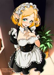 Rule 34 | 1girl, alternate costume, apron, arm behind back, artist name, black dress, blonde hair, blurry, blurry background, blush, breasts, buttons, chromatic aberration, cleavage, collarbone, commentary, cowboy shot, dress, english commentary, enmaided, female focus, forehead, frilled apron, frilled dress, frilled hairband, frills, green eyes, hairband, hand on own chest, hand up, happy, indoors, looking at viewer, maid, maid apron, maid headdress, medium breasts, nintendo, nose blush, open mouth, parted bangs, patreon username, plant, pointy ears, potted plant, princess zelda, puffy short sleeves, puffy sleeves, short dress, short hair, short sleeves, sidelocks, smile, snegovski, solo, standing, teeth, the legend of zelda, the legend of zelda: breath of the wild, the legend of zelda: tears of the kingdom, twitter username, waist apron, watermark, web address, white apron, wrist cuffs
