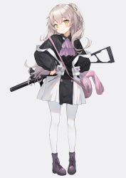 Rule 34 | 1girl, :3, aged down, alternate costume, ascot, bag, black dress, boots, brown eyes, collared dress, cross-laced footwear, crossed bangs, curly hair, dduck kong, dress, full body, girls&#039; frontline, grey hair, gun, h&amp;k ump, h&amp;k ump, hair between eyes, hair ornament, hands on own hips, heckler &amp; koch, highres, lace-up boots, long hair, looking at viewer, official alternate costume, one side up, pantyhose, purple ascot, purple footwear, scar, scar across eye, scar on face, shoulder bag, smile, smug, submachine gun, two-tone dress, ump45 (agent lop rabbit) (girls&#039; frontline), ump45 (girls&#039; frontline), weapon, weapon on back, white dress, white pantyhose