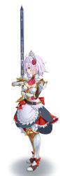 Rule 34 | 1220060931, 1girl, absurdres, apron, armor, ascot, belt, blunt bangs, braid, breastplate, breasts, claymore (sword), cleavage, commentary request, fighting stance, flower, full body, gauntlets, genshin impact, greatsword, green eyes, grey hair, hair flower, hair ornament, hair ribbon, highres, holding, holding sword, holding weapon, knee guards, long sleeves, looking afar, looking away, maid apron, maid headdress, noelle (genshin impact), pantyhose, ribbon, short hair, shoulder armor, sidelocks, simple background, single braid, solo, standing, sword, weapon, white background
