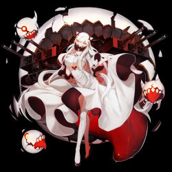 Rule 34 | 10s, 1girl, absurdres, abyssal ship, breasts, cleavage, colored skin, covered mouth, dress, female focus, highres, horns, kantai collection, large breasts, long hair, midway princess, no socks, ovos, red eyes, simple background, solo, white dress, white hair, white skin