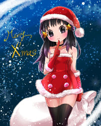 Rule 34 | 1girl, alternate costume, bag, bare shoulders, black choker, black eyes, black hair, black thighhighs, blue background, blush, breasts, choker, christmas, collarbone, creatures (company), dawn (pokemon), dress, english text, female focus, fur trim, game freak, gloves, hair ornament, hairclip, hand up, hat, highres, holding, lips, long hair, looking at viewer, matching hair/eyes, merry christmas, nintendo, pokemon, pokemon dppt, red dress, red gloves, red hat, santa costume, santa hat, sawarabi (sawarabi725), shiny skin, short dress, small breasts, snowflakes, snowing, solo, standing, star (symbol), star hair ornament, strapless, strapless dress, thighhighs, zettai ryouiki