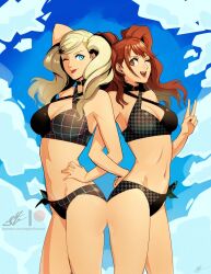 Rule 34 | 2girls, ass, ass-to-ass, ass press, bikini, blonde hair, blue eyes, breasts, brown hair, cleavage, kujikawa rise, large breasts, multiple girls, persona, persona 4, persona 5, sky, swimsuit, takamaki anne, yellow eyes