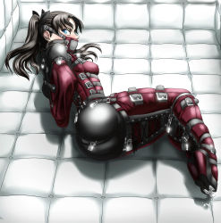 Rule 34 | 1girl, absurdres, arms behind back, ballet boots, bdsm, belt, black hair, bondage, bound, bound arms, bound legs, box-tie armbinder, captured, fate/stay night, fate (series), female focus, full body, gag, gagged, gimp suit, gimpsuit, harness, high heels, highres, isolation, latex, latex suit, legbinder, lock, muzzle gag, padded room, padlock, panel gag, restrained, reversetension, solo, straitjacket, tohsaka rin