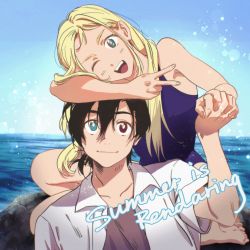 Rule 34 | 1boy, 1girl, ajiro shinpei, arm on own head, bare arms, bare shoulders, barefoot, black hair, black shirt, blonde hair, blue eyes, blue one-piece swimsuit, chinese commentary, chuangouzi, closed mouth, collaboration, collarbone, collared shirt, commentary request, czzsghdf, day, hair between eyes, hair over shoulder, heterochromia, highres, holding hands, kofune ushio, long hair, looking at viewer, one-piece swimsuit, one eye closed, open clothes, open mouth, open shirt, outdoors, shirt, short sleeves, smile, summertime render, swimsuit, v, water, white shirt