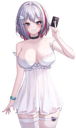 1girl absurdres alternate_costume babydoll bare_shoulders black_choker blush breasts card choker collarbone covered_navel cowboy_shot credit_card highres holding holding_card honkai:_star_rail honkai_(series) large_breasts multicolored_hair numby_(honkai:_star_rail) panties parted_lips red_hair red_nails see-through_babydoll see-through_clothes short_hair simple_background smile solo streaked_hair thighhighs thighs topaz_(honkai:_star_rail) trotter_(honkai:_star_rail) two-tone_hair underwear white_babydoll white_background white_hair white_panties white_thighhighs zangi_(lkt2012)