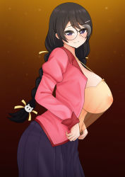 Rule 34 | 1girl, absurdres, blouse, breasts, cleavage, closed eyes, closed mouth, collarbone, from side, gradient background, hair ornament, hairclip, hanekawa tsubasa, highres, large breasts, long hair, looking at viewer, loose clothes, loose shirt, monogatari (series), school uniform, see-through, see-through shirt, shirt, simple background, solo, the only shoe, white shirt