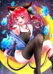 Rule 34 | 1girl, :d, animal ears, ass, bare shoulders, black bow, blue fire, blush, bow, braid, breasts, cat ears, fang, fire, fire, hair bow, highres, hitodama, kaenbyou rin, long hair, looking at viewer, multiple tails, nekomata, open mouth, red eyes, red hair, sakuramiya nya, small breasts, smile, solo, tail, thighhighs, touhou, twin braids, two tails