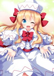Rule 34 | 1girl, blonde hair, blue eyes, bow, bowtie, buttons, capelet, dress, fairy, fairy wings, hat, highres, lily white, long hair, looking at viewer, multiple hat bows, one-hour drawing challenge, red bow, red bowtie, ruu (tksymkw), skirt, touhou, white capelet, white dress, white hair, white skirt, wings