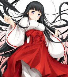 Rule 34 | 1girl, black hair, blue eyes, blunt bangs, blush, breasts, check commentary, commentary, commentary request, cowboy shot, from below, gradient background, hakama, hakama skirt, hime cut, himegami aisa, japanese clothes, kosode, large breasts, long hair, long sleeves, looking at viewer, medium bangs, miko, miko day, parted lips, partial commentary, pink background, red hakama, shin (highest1192), sidelocks, skirt, solo, toaru majutsu no index, toaru majutsu no index: old testament, very long hair, white background, wide sleeves