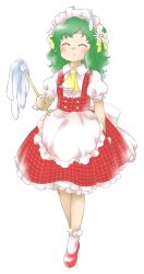 Rule 34 | 1girl, ^ ^, adapted costume, alternate costume, apron, ascot, back bow, bow, center frills, closed eyes, dress, duster, enmaided, flat chest, flower, frills, full body, green hair, holding, holding duster, kazami yuuka, maid, maid headdress, medium hair, nonamejd, official style, pinafore dress, plaid, plaid dress, puffy short sleeves, puffy sleeves, red dress, red footwear, shirt, short sleeves, simple background, sleeveless, sleeveless dress, socks, solo, sweatdrop, touhou, waist apron, white apron, white background, white bow, white flower, white shirt, white socks, white wrist cuffs, wrist cuffs, yellow ascot, zun (style)