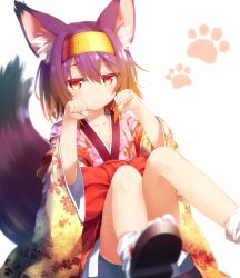 Rule 34 | 10s, 1girl, :&lt;, animal ear fluff, animal ears, blurry, blush, brown hair, depth of field, eyebrows hidden by hair, fox ears, fox tail, geta, goribote, gradient hair, hairband, half-closed eyes, hatsuse izuna, japanese clothes, kimono, large tail, looking at viewer, multicolored hair, no game no life, paw pose, paw print, purple eyes, purple hair, short hair, short kimono, sitting, slit pupils, solo, tabi, tail, wide sleeves, yellow eyes
